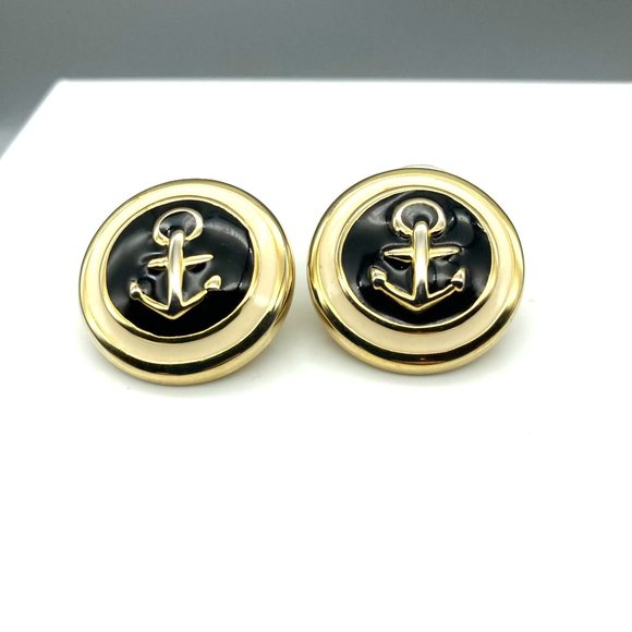 Vintage Enamel Anchor Earrings, Gold Tone Circles with Navy Blue and Cream Studs - Picture 2 of 5